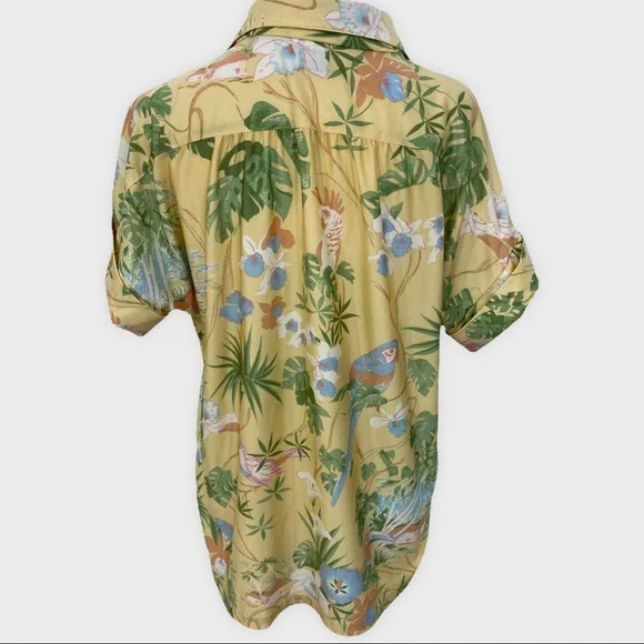 Vintage Pale Yellow Bird Palm Tree Hawaiian Coconut Girl Button Down - Picture 5 of 9